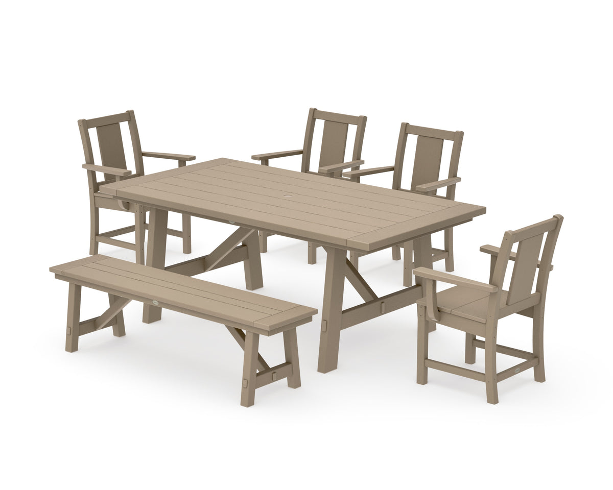 POLYWOOD Prairie 6-Piece Rustic Farmhouse Dining Set with Bench in Vintage Sahara