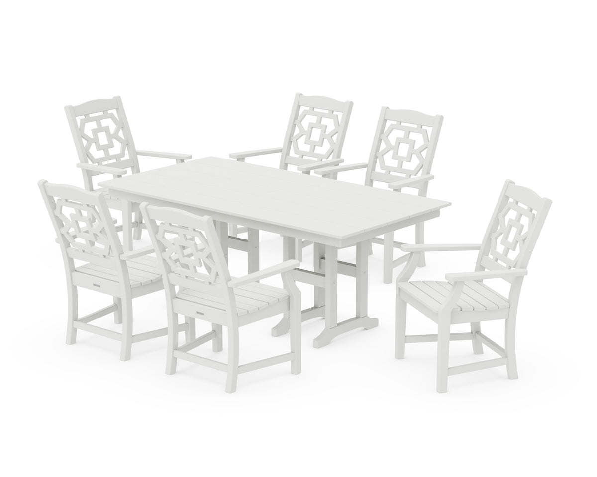 POLYWOOD Chinoiserie Arm Chair 7-Piece Farmhouse Dining Set in Vintage White