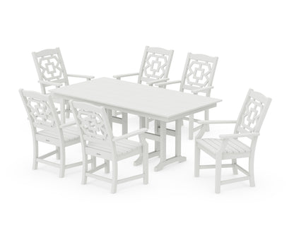 POLYWOOD Chinoiserie Arm Chair 7-Piece Farmhouse Dining Set in Vintage White
