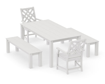 POLYWOOD Wovendale 5-Piece Parsons Dining Set with Benches in Vintage White