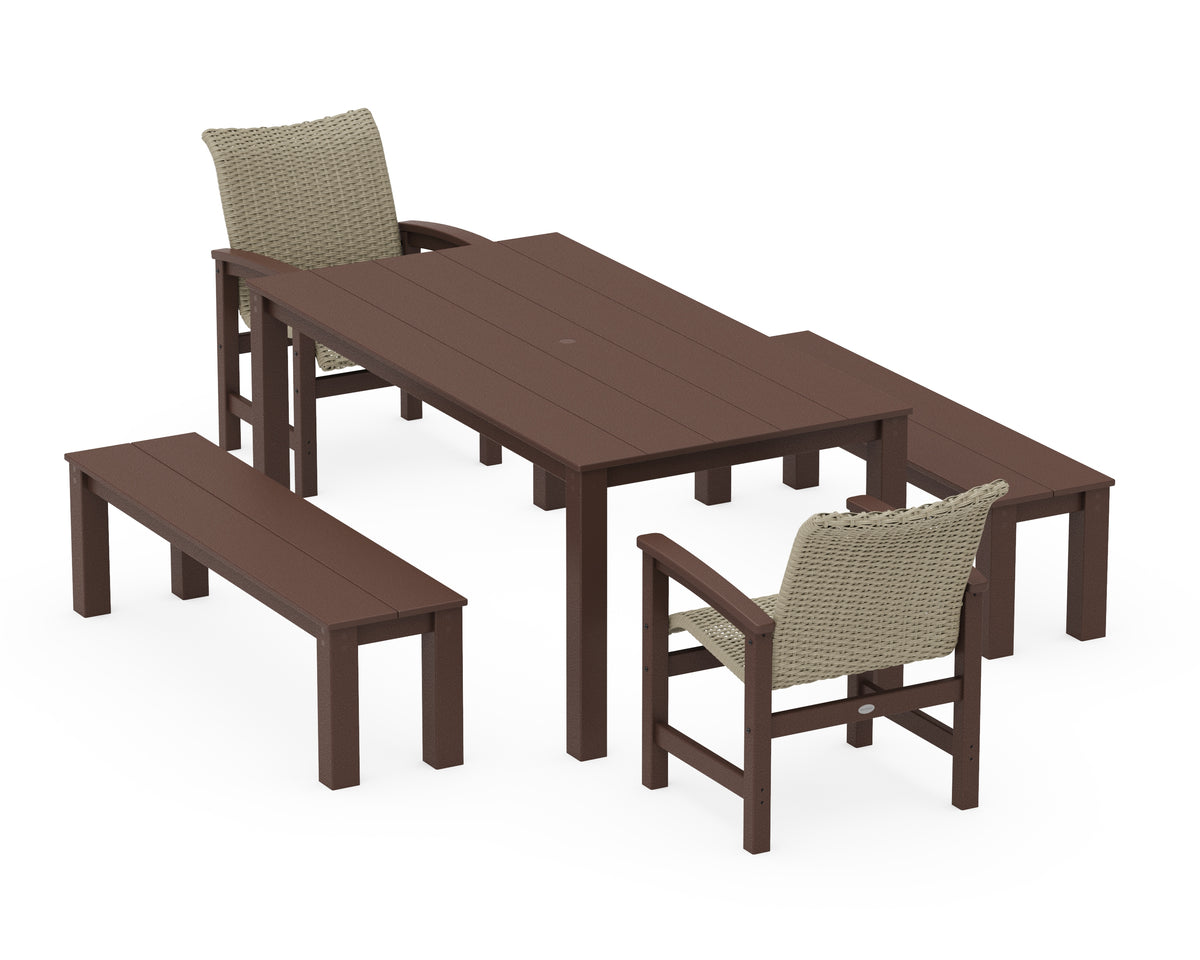 POLYWOOD Coastal Woven 5-Piece Parsons Dining Set with Benches in Mahogany / Dune Grass