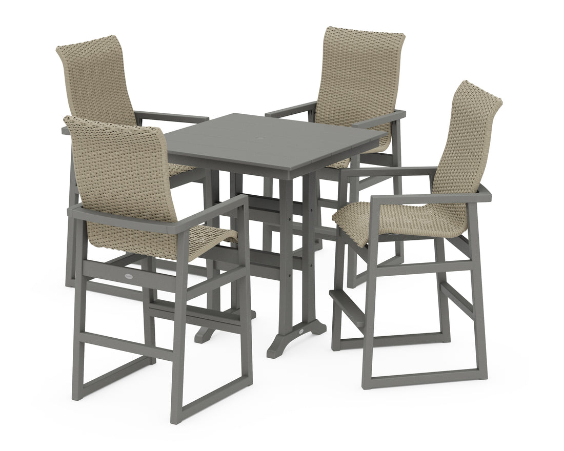 POLYWOOD EDGE Woven Highback 5-Piece Farmhouse Bar Set with Trestle Legs in Slate Grey / Dune Grass