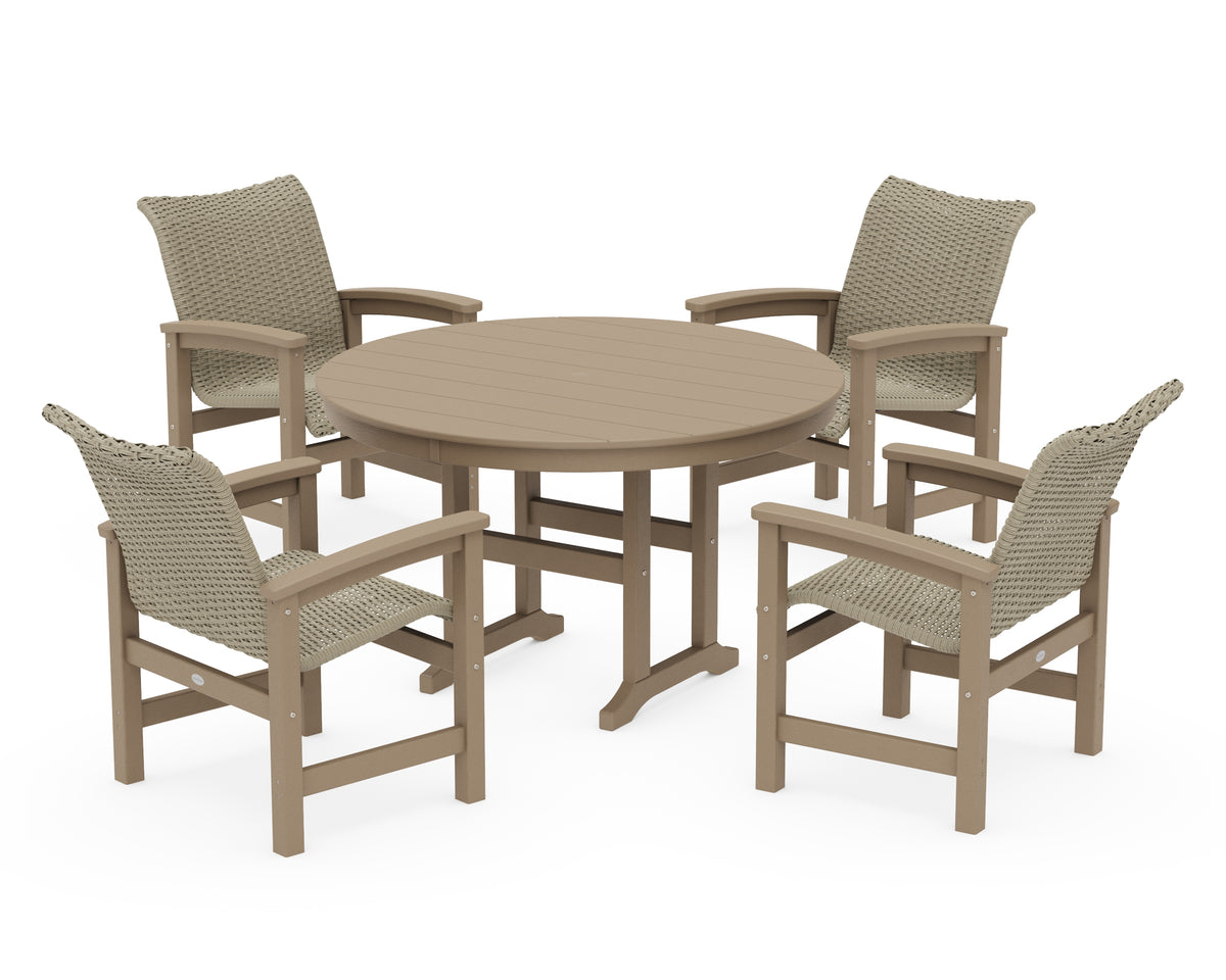 POLYWOOD Coastal Woven 5-Piece Round Farmhouse Dining Set in Vintage Sahara / Dune Grass