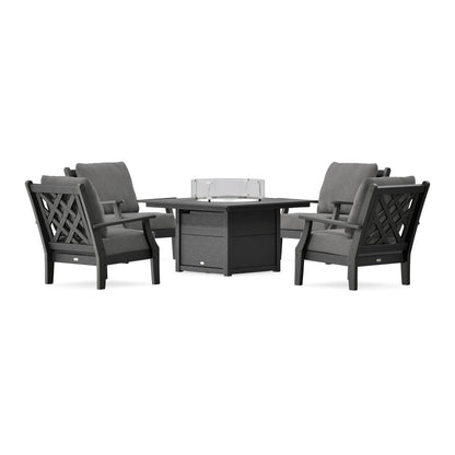POLYWOOD Country Living Wovendale 5-Piece Deep Seating Set with Fire Pit Table in Black