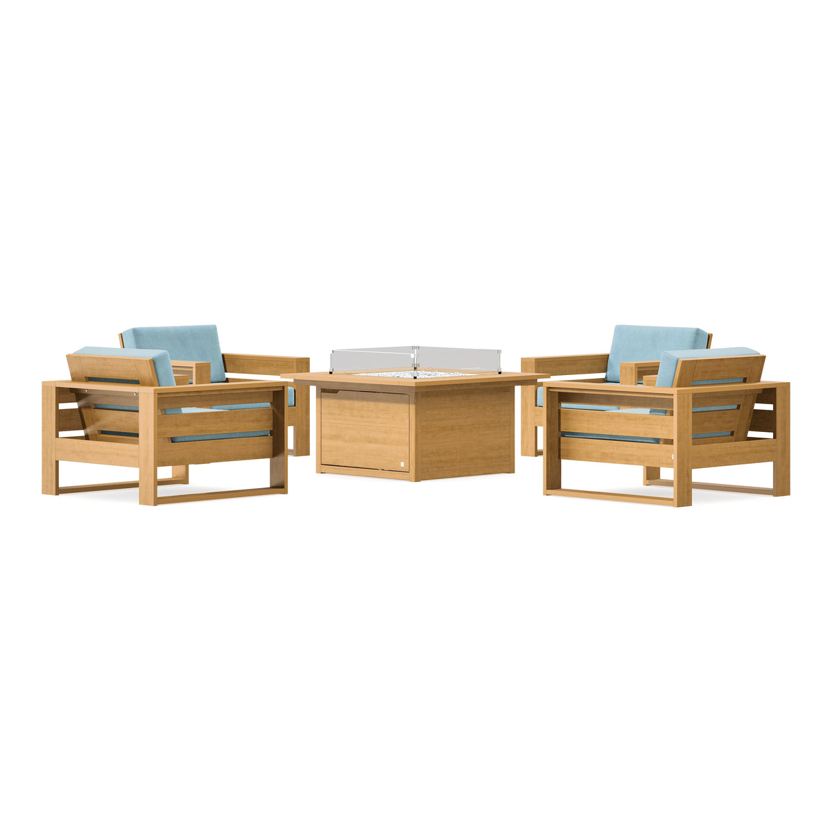 POLYWOOD PW Designer Series Latitude 5-Piece Lounge Fire Table Set in Natural / Lattice Sky Blue