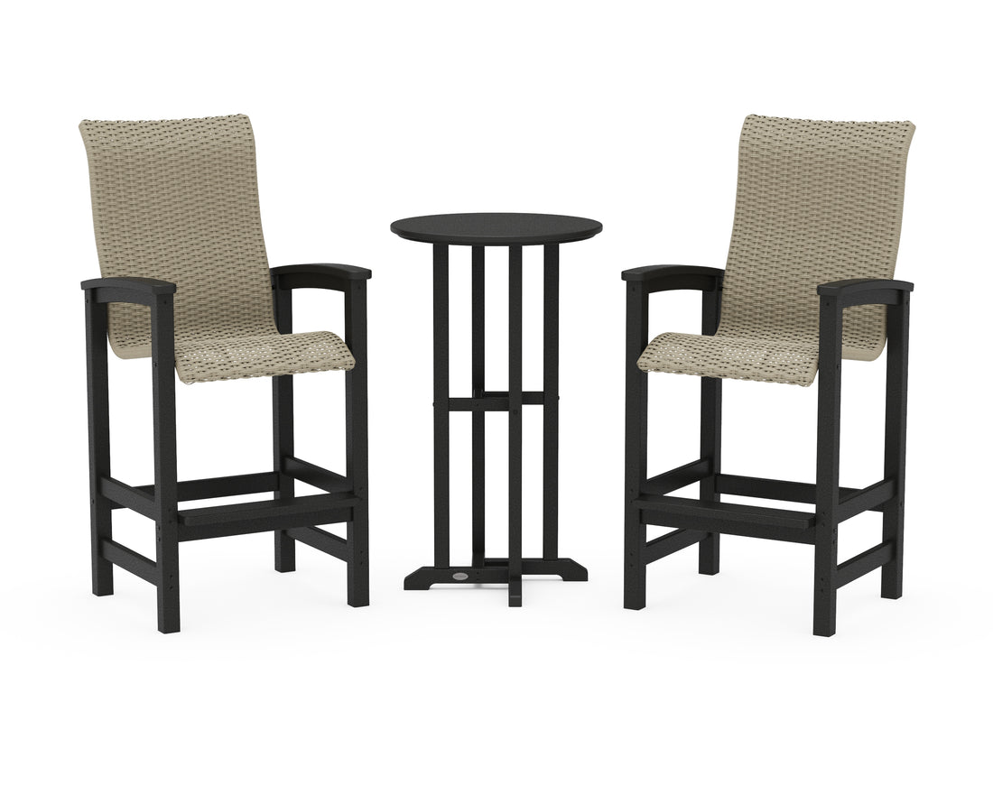 POLYWOOD Coastal Woven High-Back 3-Piece Farmhouse Bar Set in Black / Dune Grass