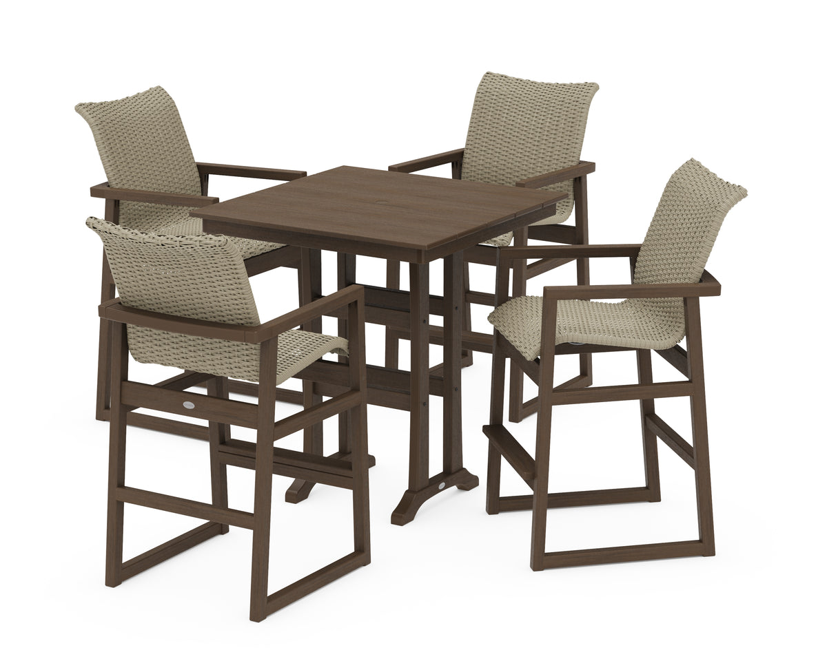POLYWOOD EDGE Woven 5-Piece Farmhouse Bar Set with Trestle Legs in Kona / Dune Grass