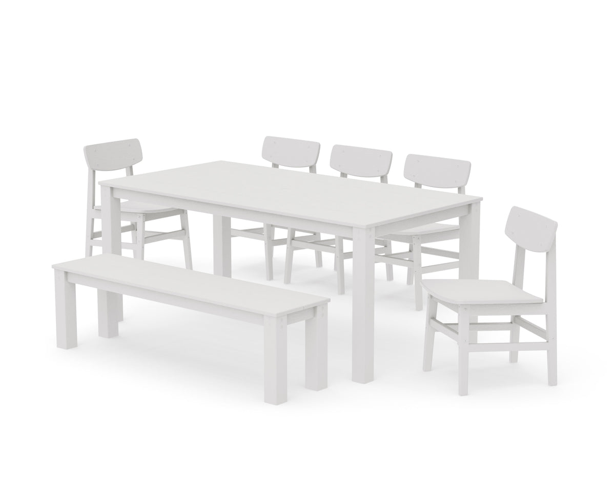 POLYWOOD Modern Studio Urban Chair 7-Piece Parsons Dining Set with Bench in Vintage White