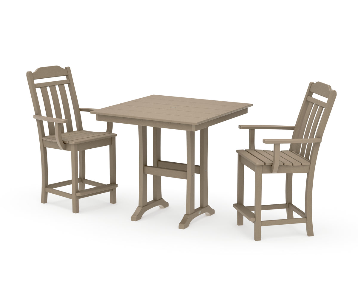 POLYWOOD Country Living Cottage 3-Piece Farmhouse Counter Set with Trestle Legs in Vintage Sahara