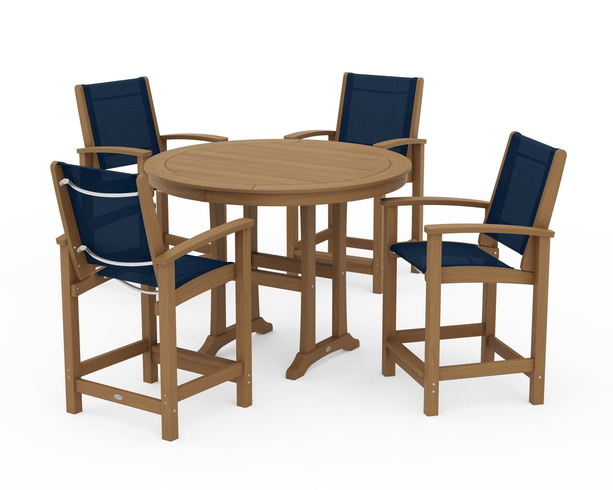 POLYWOOD Coastal 5-Piece Counter Set in Natural / Navy Blue