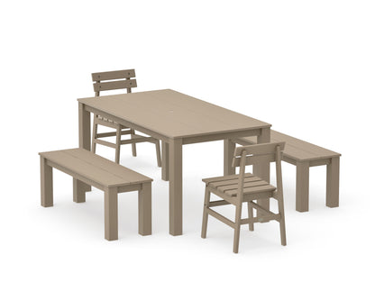 POLYWOOD Modern Studio Plaza Chair 5-Piece Parsons Dining Set with Benches - 34" x 64" Table in Vintage Sahara