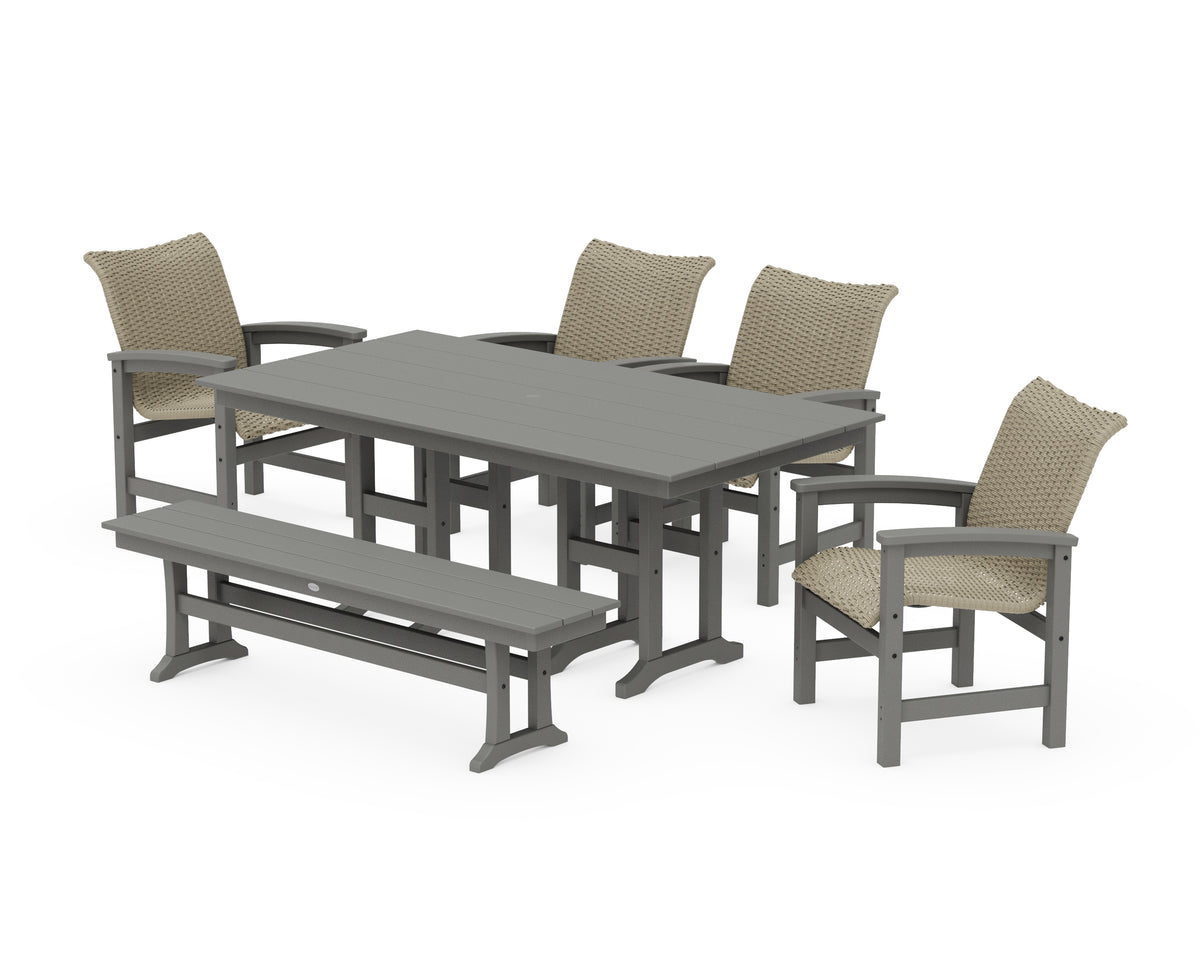 POLYWOOD Coastal Woven 6-Piece Farmhouse Dining Set with Bench with Farmhouse 37" x 72" Dining Table in Slate Grey / Dune Grass