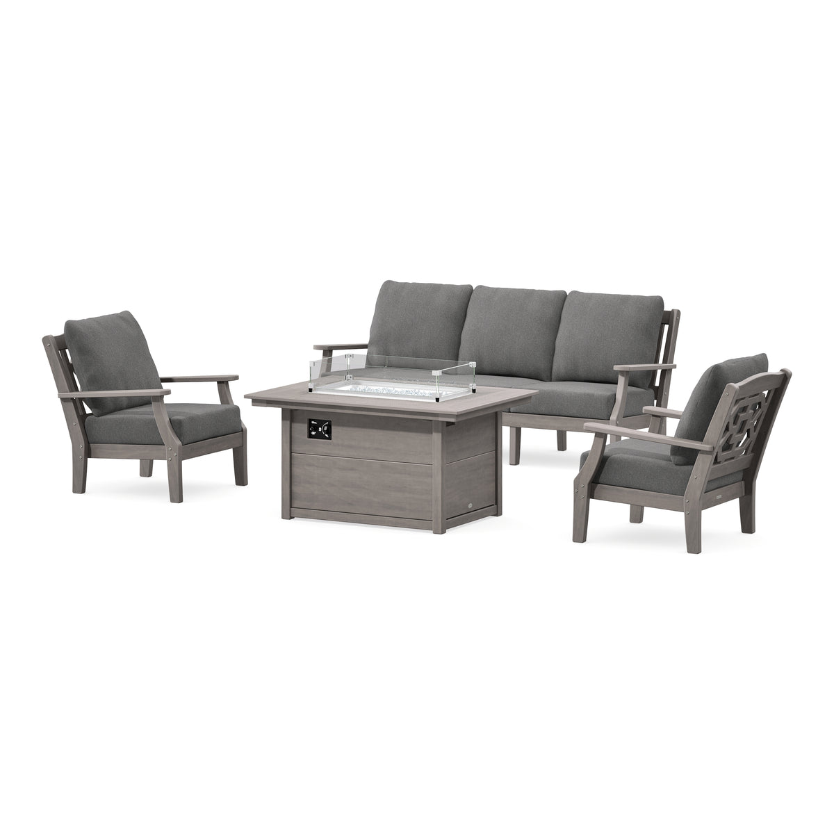 POLYWOOD Chinoiserie Deep Seating Fire Pit Table Set in Driftwood