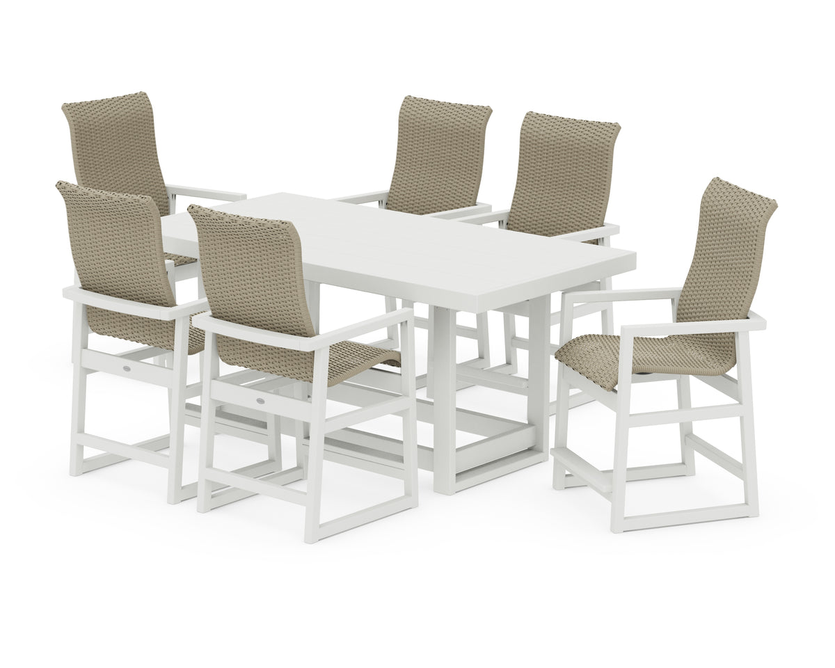 POLYWOOD EDGE Woven Highback Arm Chair 7-Piece Counter Set in Vintage White / Dune Grass