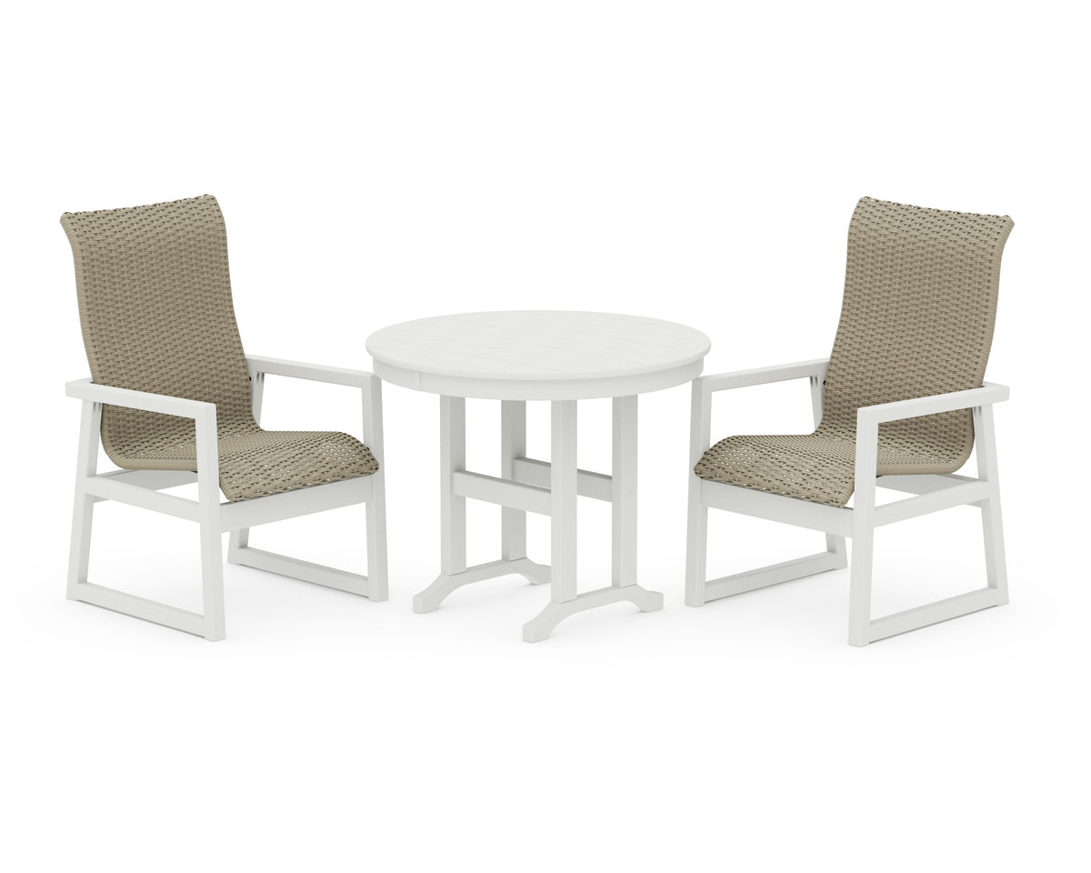 POLYWOOD EDGE Woven High-Back 3-Piece Farmhouse Dining Set in Vintage White / Dune Grass