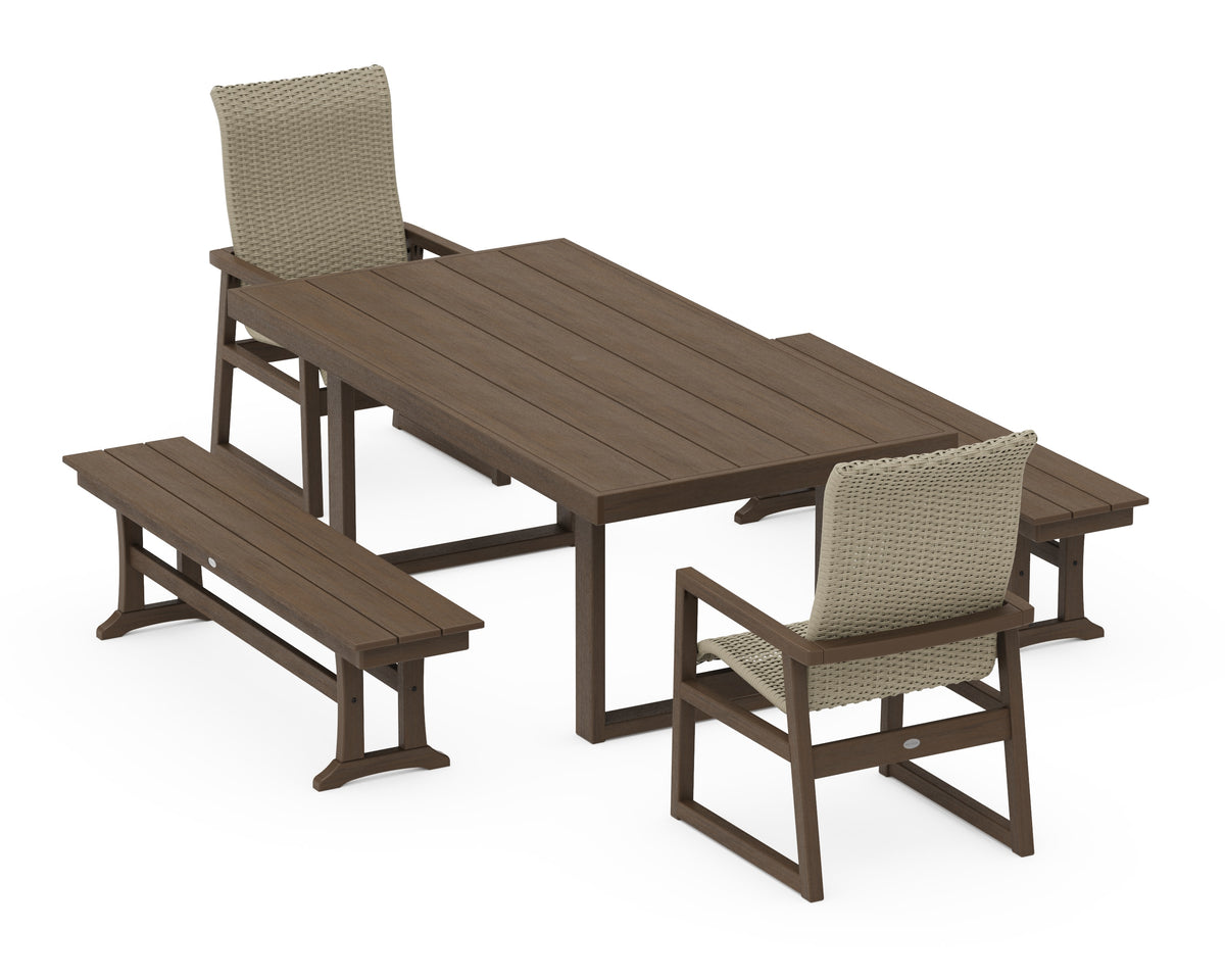 POLYWOOD EDGE Woven High-Back 5-Piece Dining Set with Benches in Kona / Dune Grass