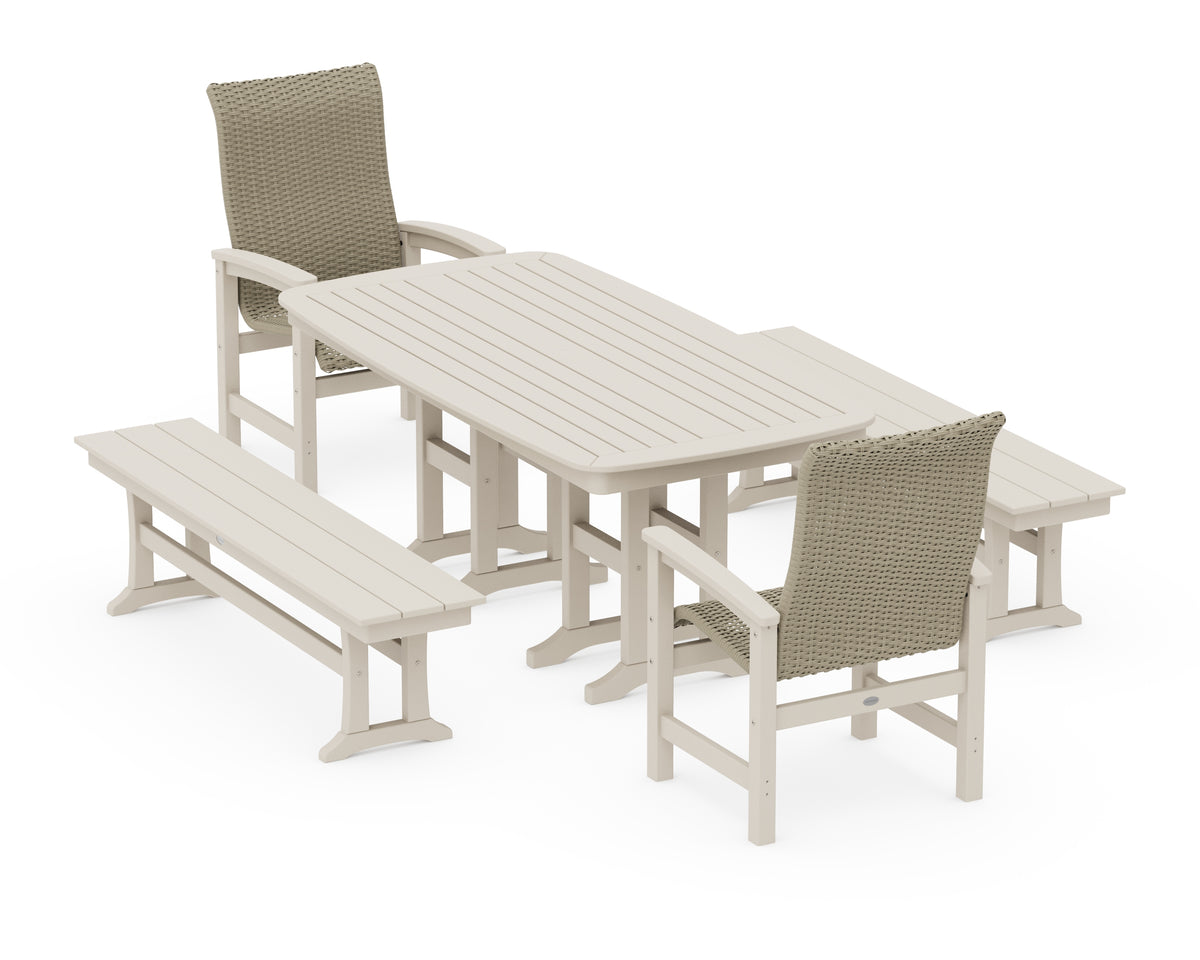 POLYWOOD Coastal Woven High-Back 5-Piece Dining Set with Benches in Sand / Dune Grass
