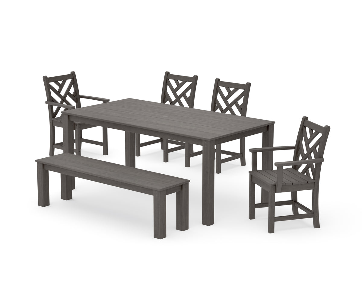 POLYWOOD Chippendale 6-Piece Parsons Dining Set with Bench with Chippendale Dining Side Chair in Driftwood