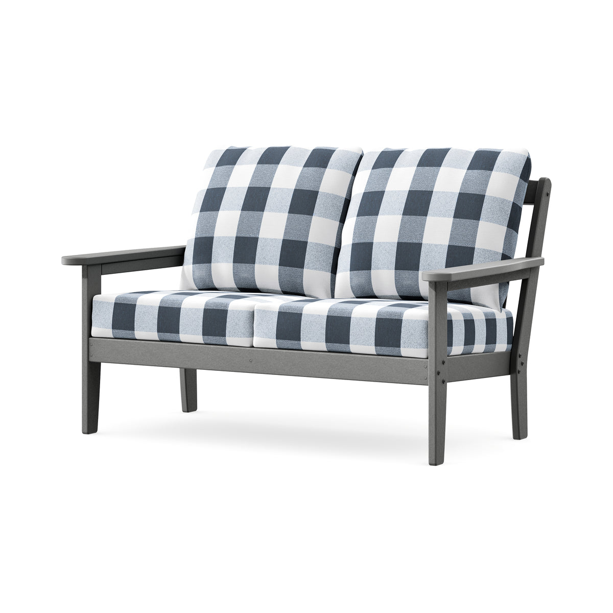POLYWOOD Cottage Deep Seating Loveseat in Slate Grey / Buffalo Plaid Marine Indigo
