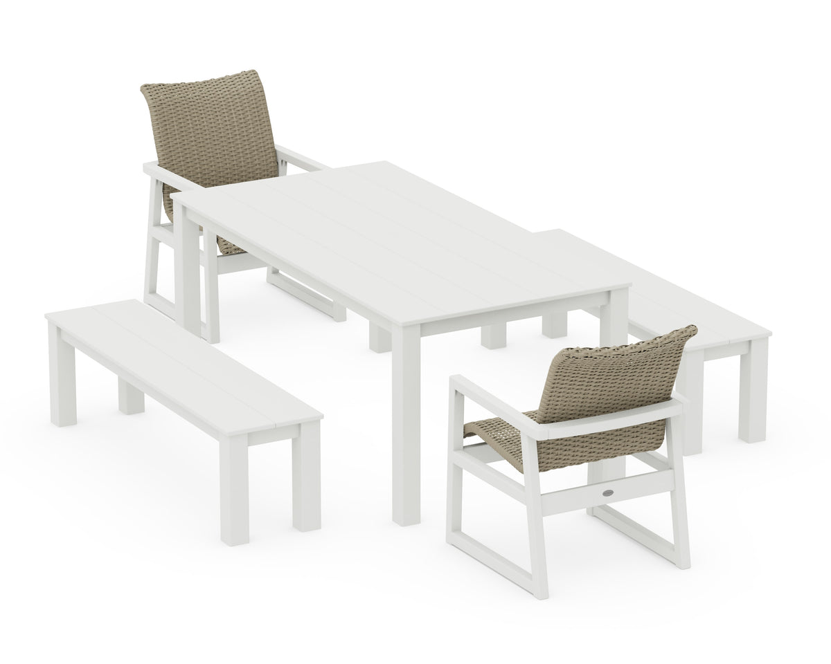 POLYWOOD EDGE Woven 5-Piece Parsons Dining Set with Benches in White / Dune Grass