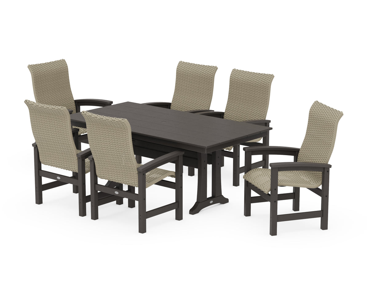 POLYWOOD Coastal Woven High-Back Arm Chair 7-Piece Farmhouse Dining Set with Trestle Legs in Vintage Coffee / Dune Grass