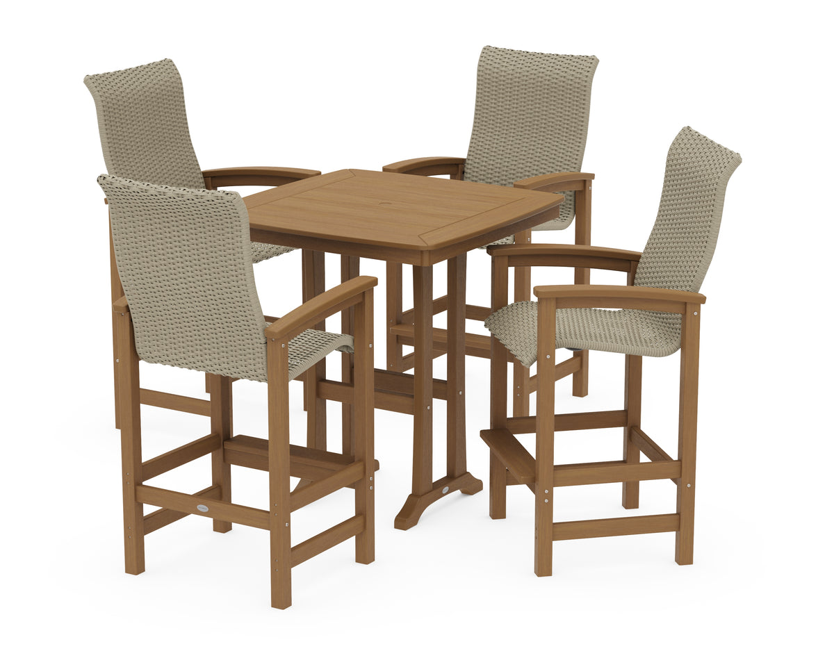 POLYWOOD Coastal Woven High-Back 5-Piece Bar Set with Trestle Legs in Natural / Dune Grass