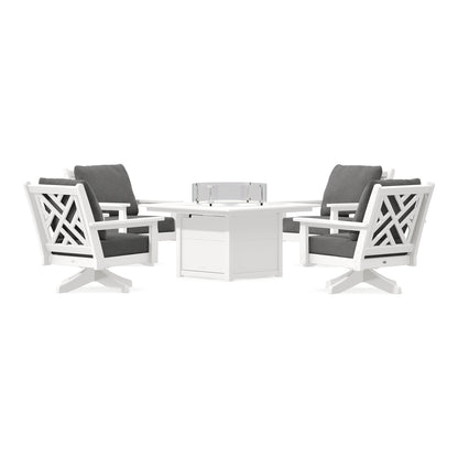 POLYWOOD Chippendale 5-Piece Deep Seating Swivel Conversation Set with Fire Pit Table in Vintage White