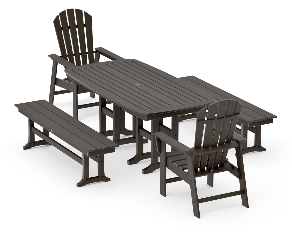 POLYWOOD South Beach 5-Piece Dining Set with Benches - 37" x 72" Table in Vintage Coffee