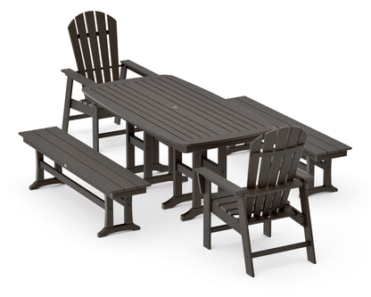 POLYWOOD South Beach 5-Piece Dining Set with Benches - 37" x 72" Table in Vintage Coffee