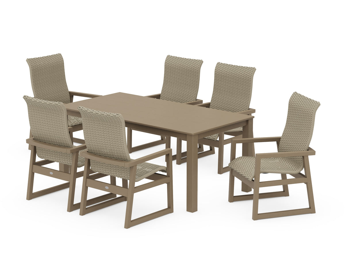 POLYWOOD EDGE Woven High-Back Arm Chair 7-Piece Parsons Dining Set in Vintage Sahara / Dune Grass