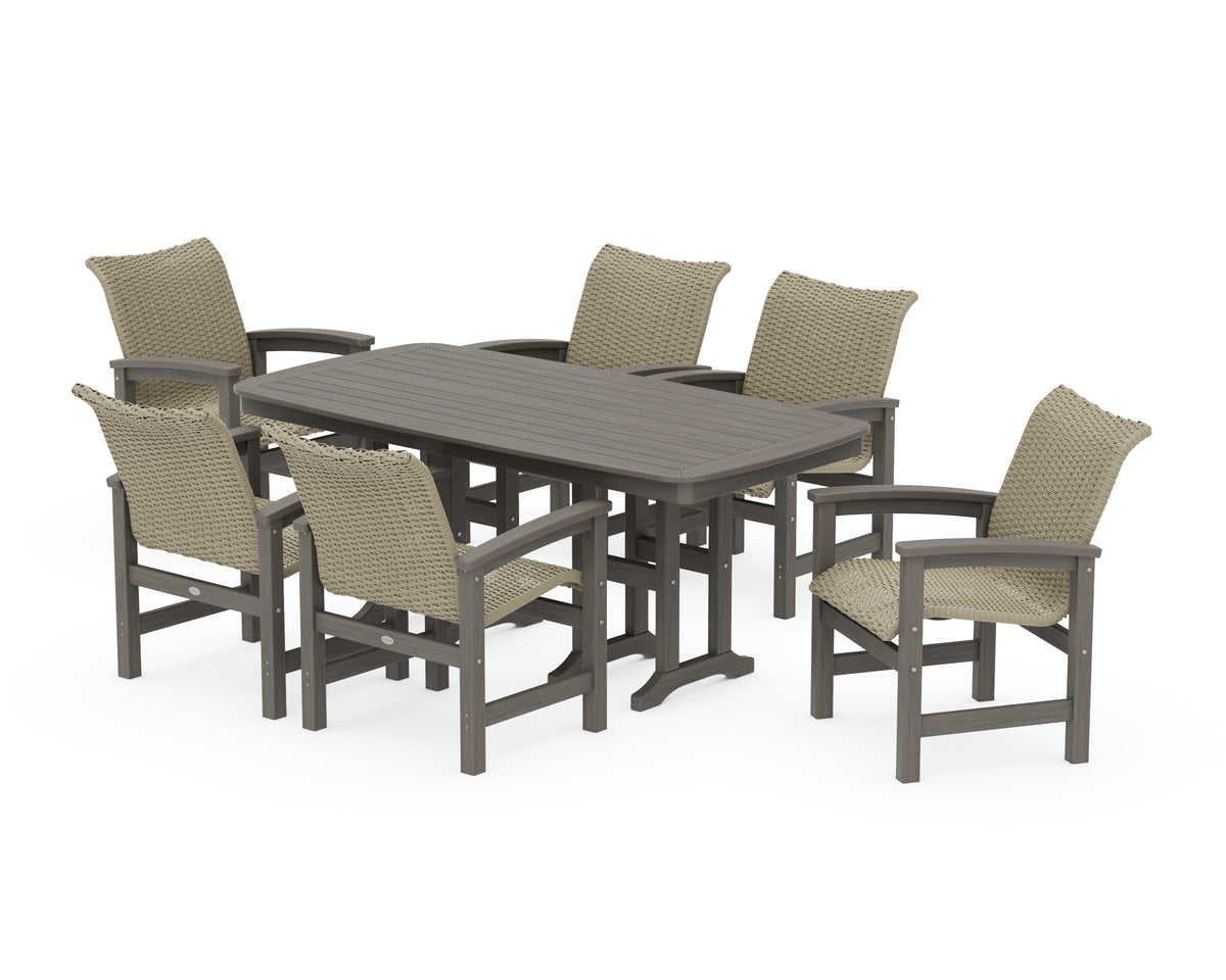 POLYWOOD Coastal Woven Arm Chair 7-Piece Dining Set in Driftwood / Dune Grass