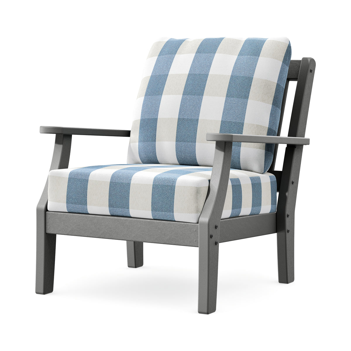 POLYWOOD Chinoiserie Deep Seating Chair in Slate Grey / Buffalo Plaid Sky Blue