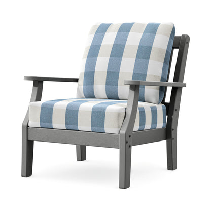 POLYWOOD Chinoiserie Deep Seating Chair in Slate Grey / Buffalo Plaid Sky Blue