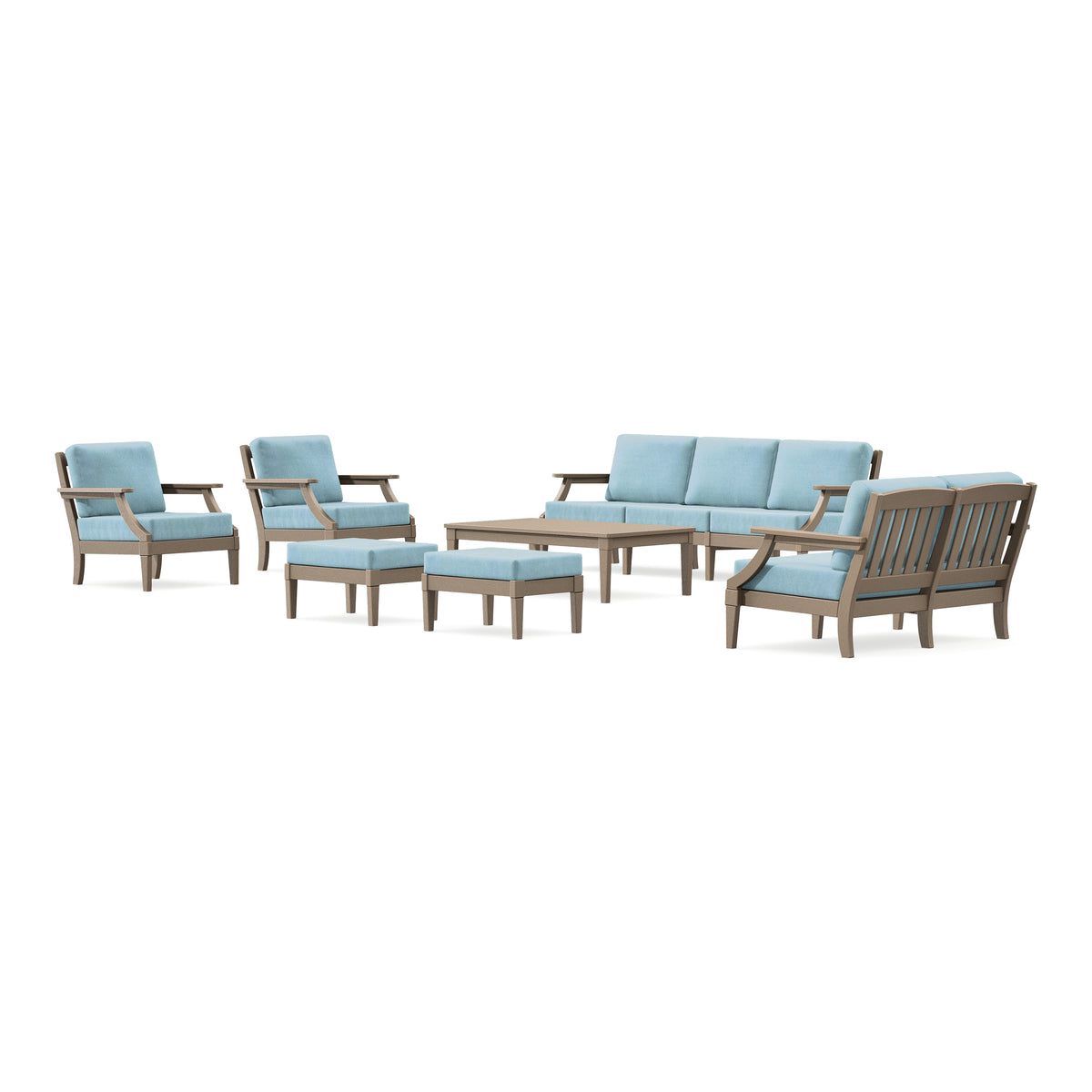POLYWOOD PW Designer Series Estate 7-Piece Lounge Sofa Set in Vintage Sahara / Lattice Sky Blue