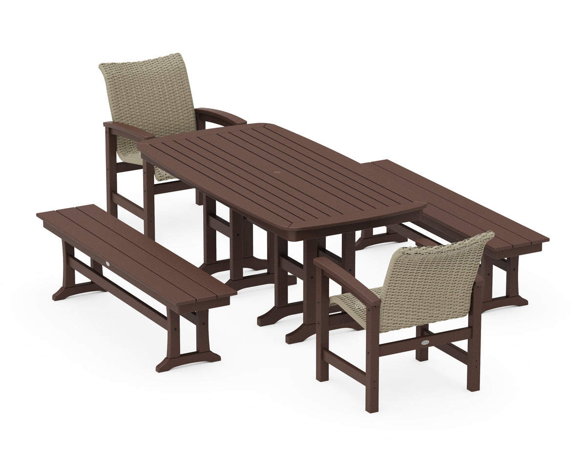 POLYWOOD Coastal Woven 5-Piece Dining Set with Benches in Mahogany / Dune Grass