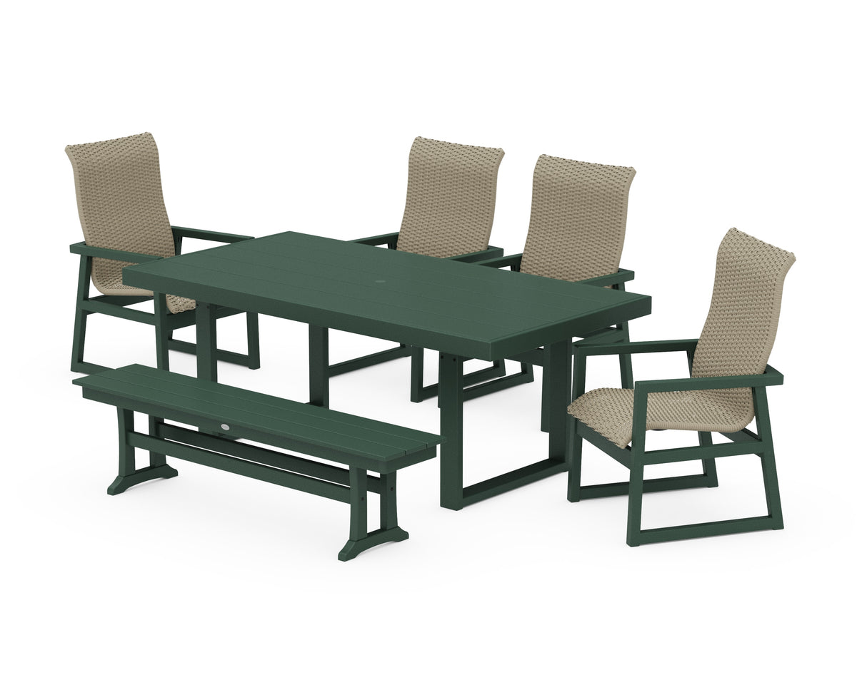 POLYWOOD EDGE Woven High-Back 6-Piece Dining Set with Bench in Green / Dune Grass