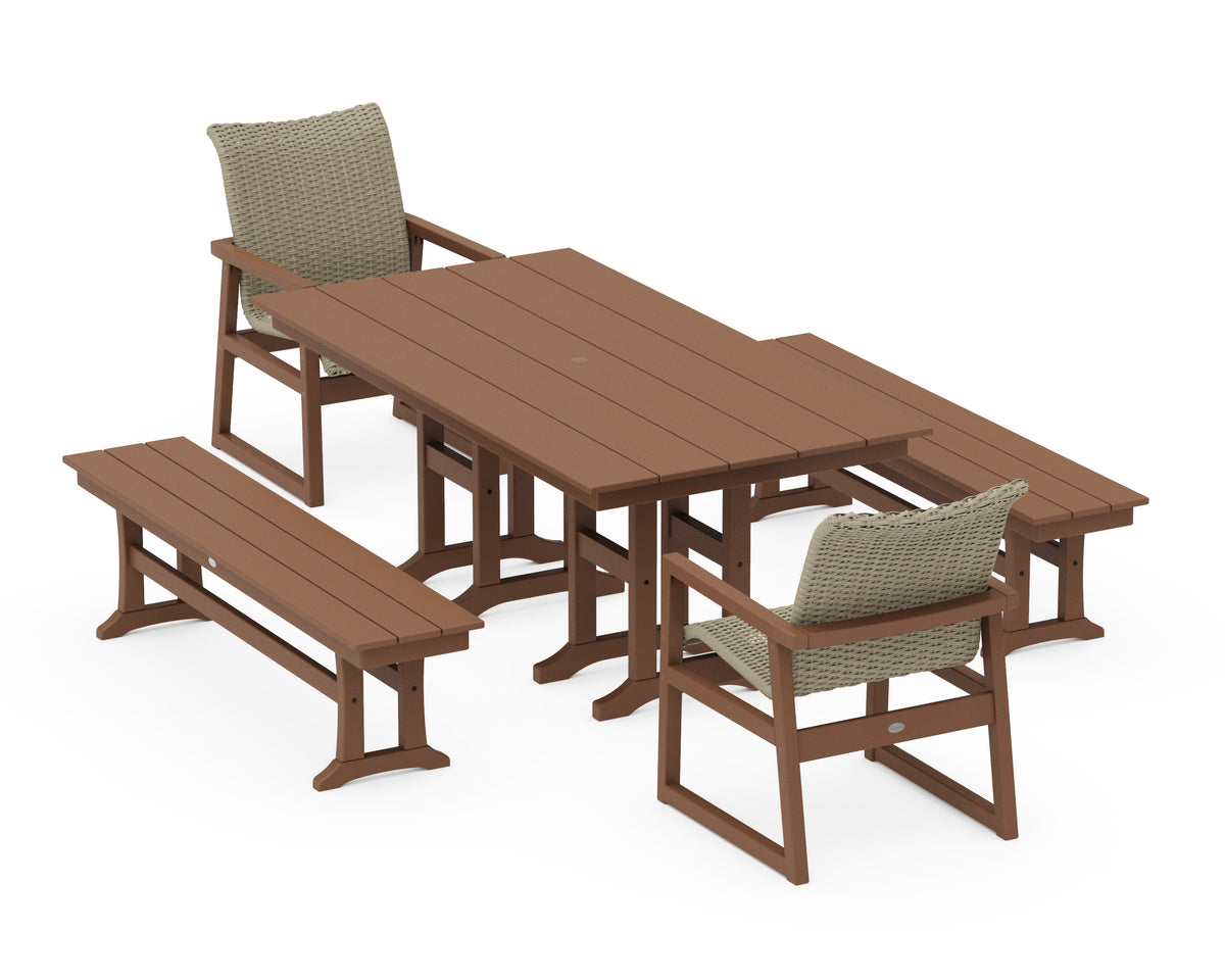 POLYWOOD EDGE Woven 5-Piece Farmhouse Dining Set with Benches in Teak / Dune Grass
