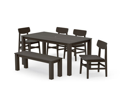 POLYWOOD Modern Studio Urban Chair 6-Piece Parsons Dining Set with Bench in Vintage Coffee