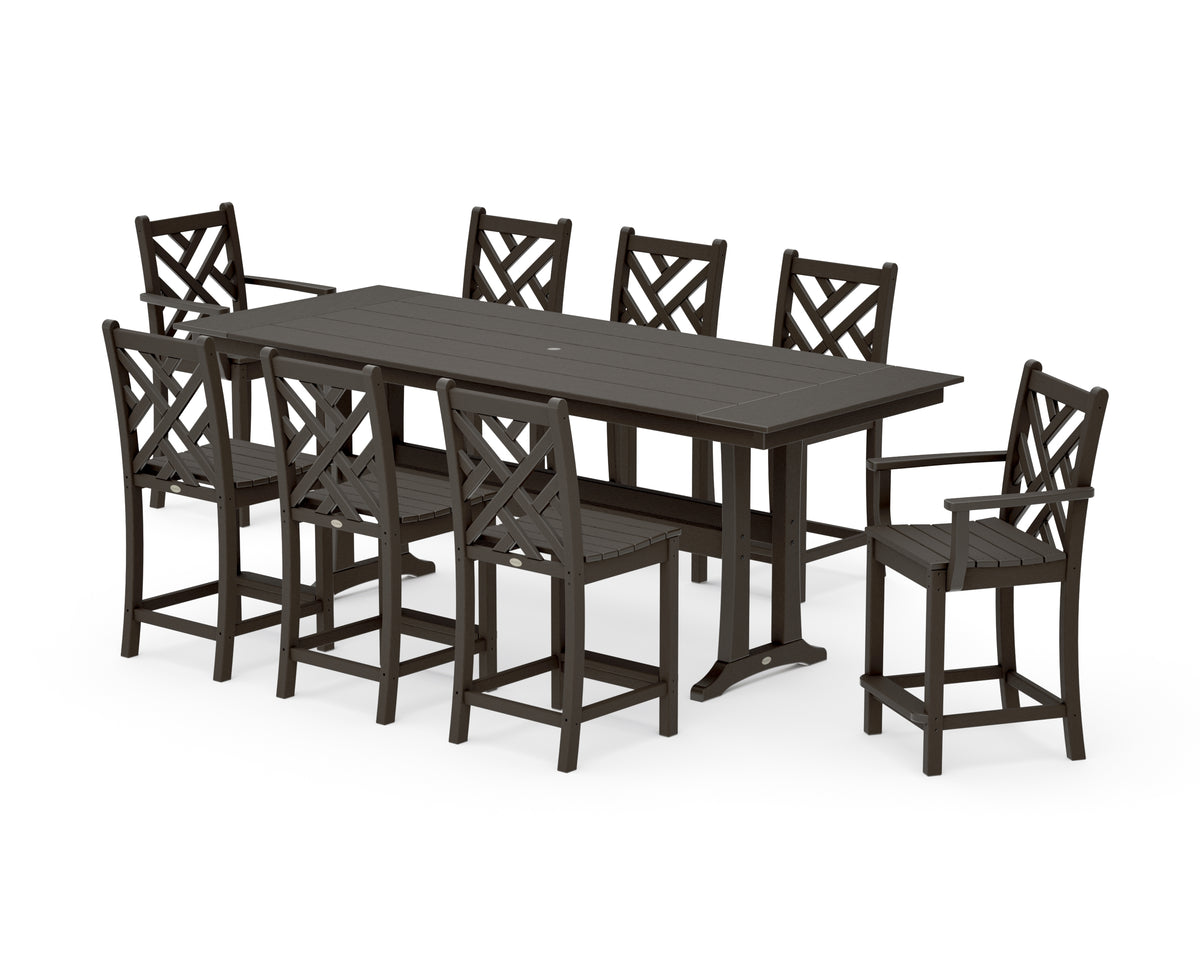 POLYWOOD Chippendale 9-Piece Farmhouse Counter Set with Trestle Legs in Vintage Coffee