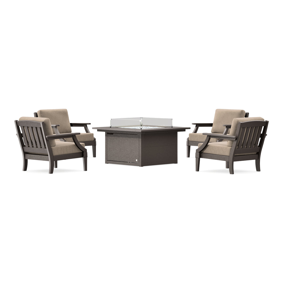 POLYWOOD PW Designer Series Estate 5-Piece Lounge Fire Table Set in Vintage Coffee / Spiced Burlap