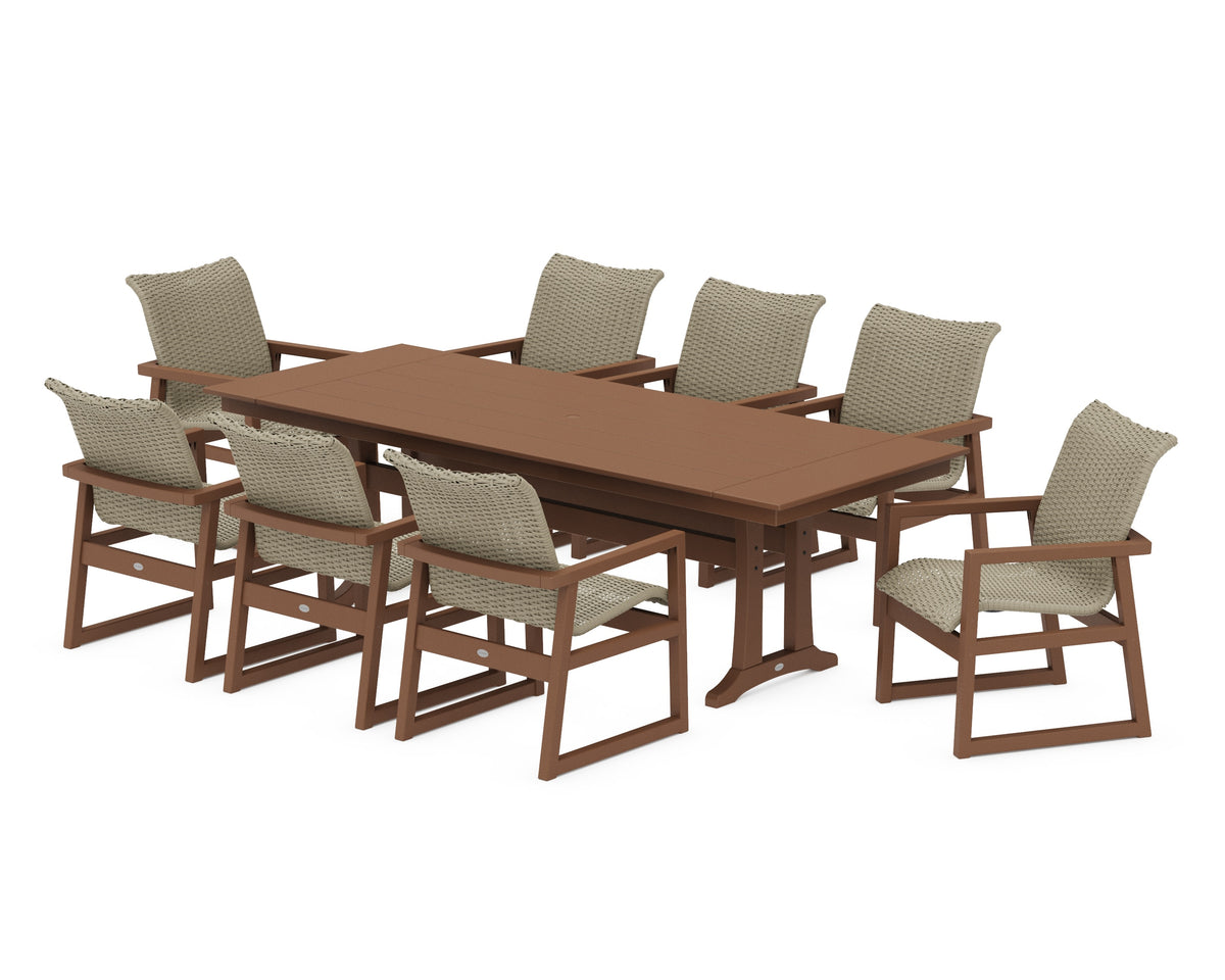 POLYWOOD EDGE Woven 9-Piece Farmhouse Dining Set with Trestle Legs in Teak / Dune Grass