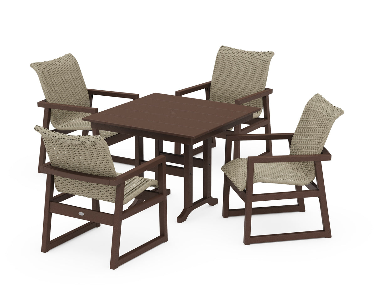 POLYWOOD EDGE Woven 5-Piece Farmhouse Dining Set in Mahogany / Dune Grass