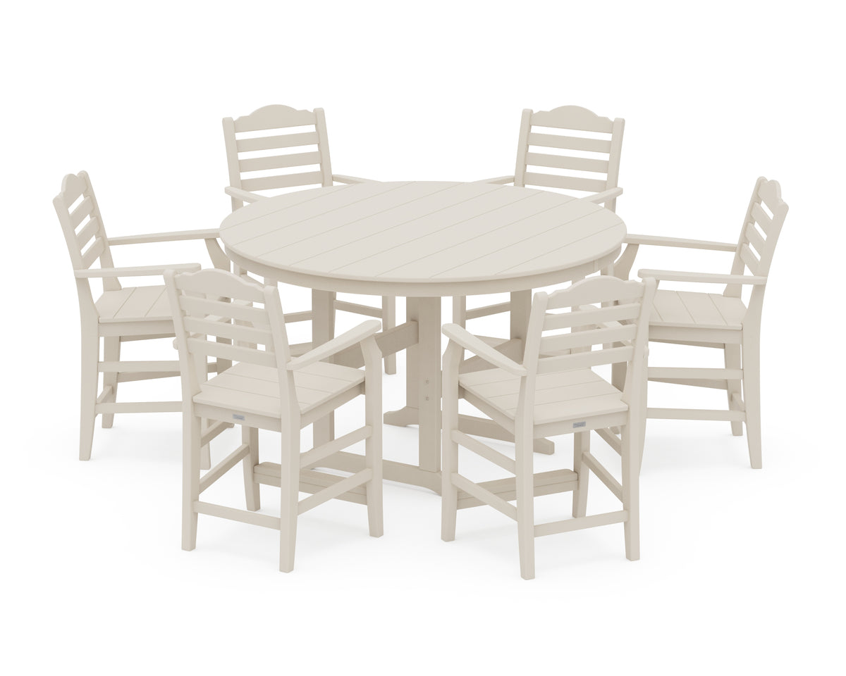 POLYWOOD Savannah 7-Piece Arm Chair Round Farmhouse Counter Set in Sand