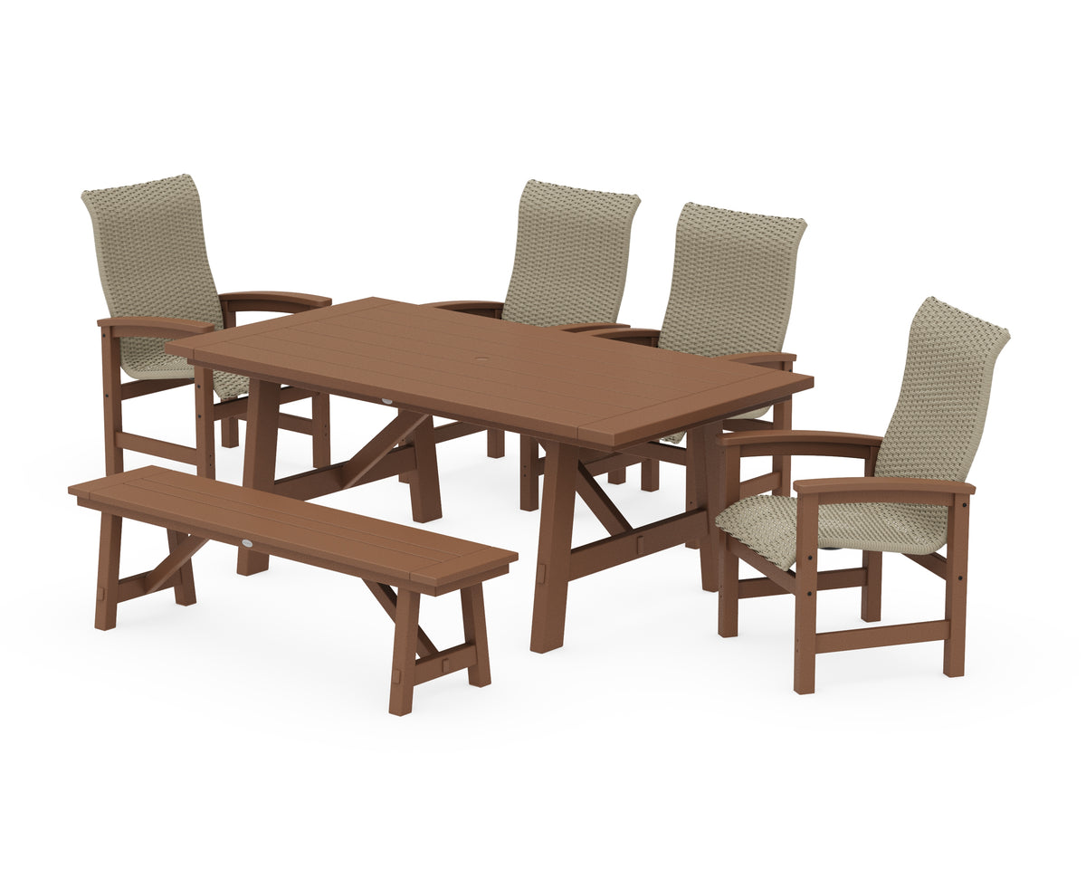 POLYWOOD Coastal Woven High-Back 6-Piece Rustic Farmhouse Dining Set with Bench in Teak / Dune Grass