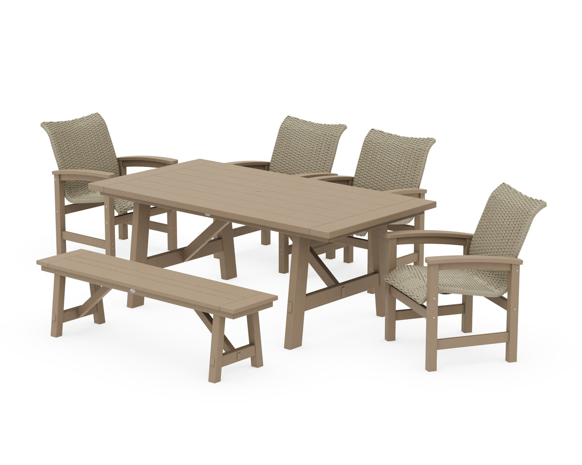 POLYWOOD Coastal Woven 6-Piece Rustic Farmhouse Dining Set with Bench in Vintage Sahara / Dune Grass