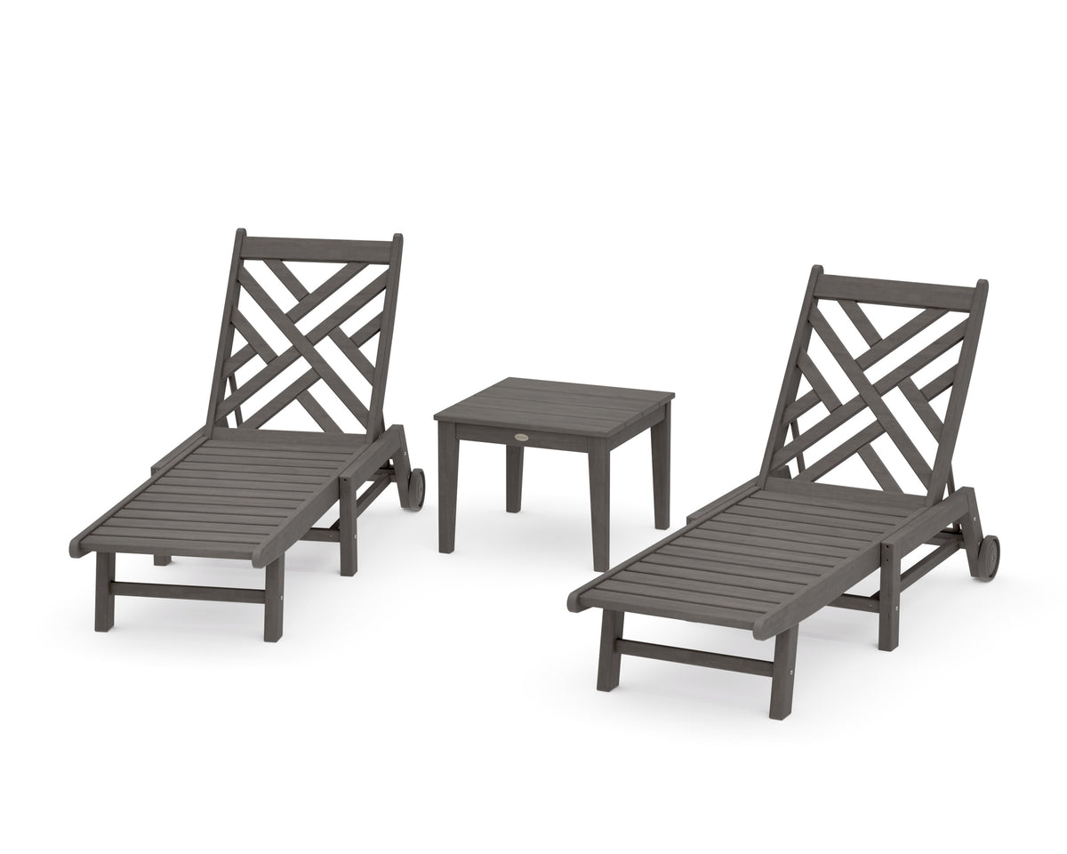 POLYWOOD Chippendale 3-Piece Chaise Set with Wheels in Driftwood