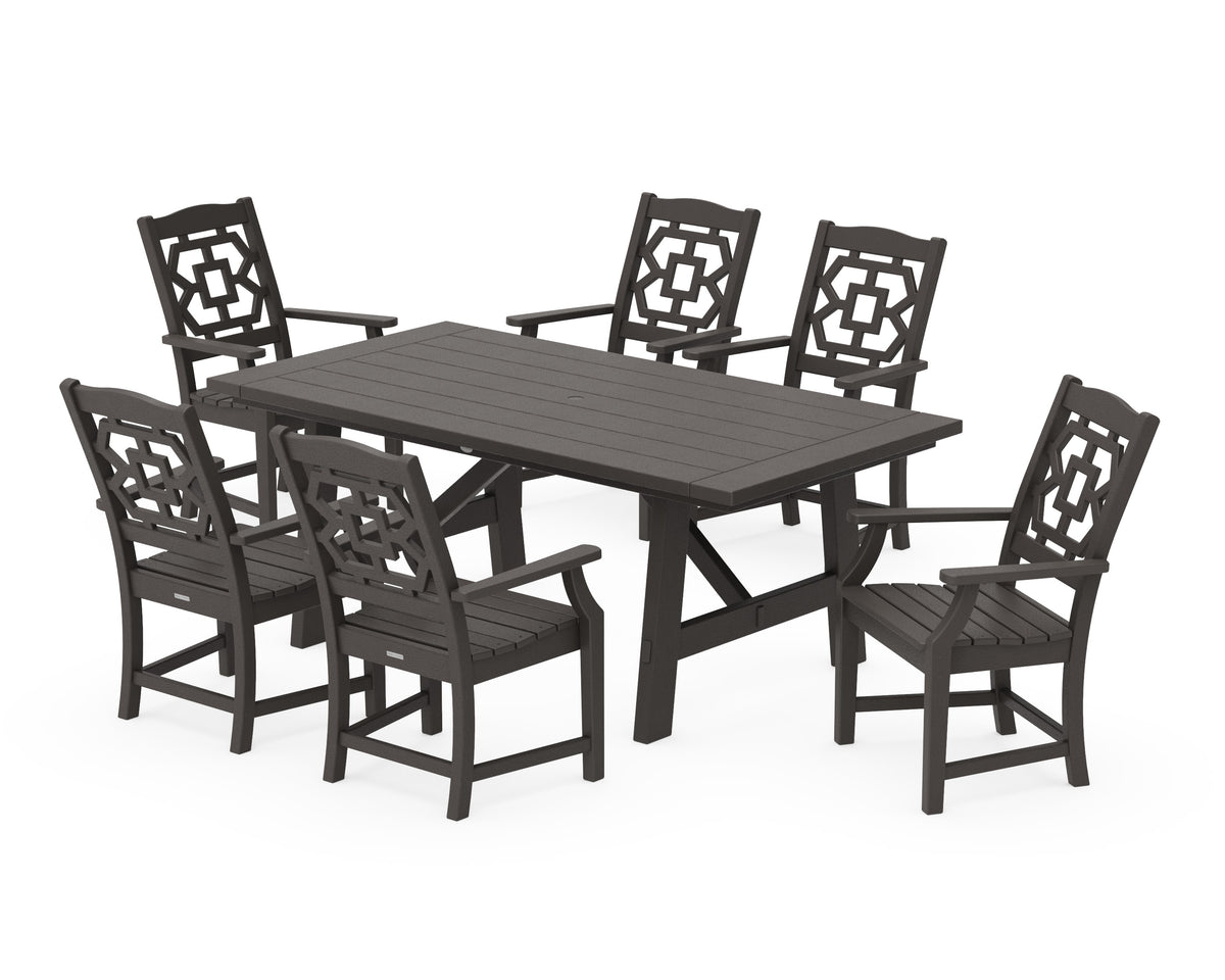 POLYWOOD Chinoiserie Arm Chair 7-Piece Rustic Farmhouse Dining Set in Vintage Coffee