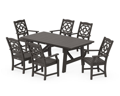 POLYWOOD Chinoiserie Arm Chair 7-Piece Rustic Farmhouse Dining Set in Vintage Coffee