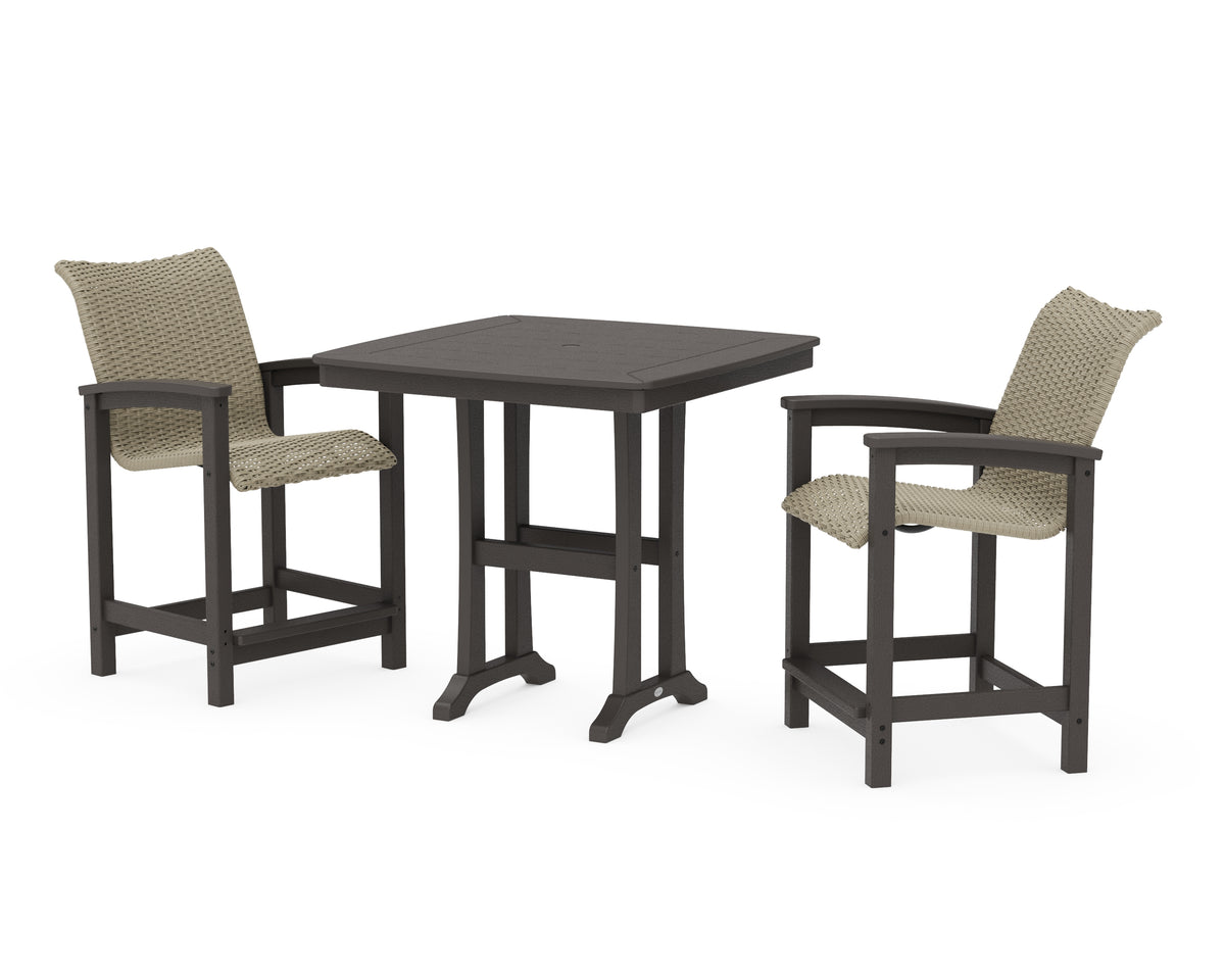 POLYWOOD Coastal Woven 3-Piece Counter Set with Trestle Legs in Vintage Coffee / Dune Grass