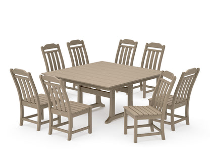 POLYWOOD Cottage 9-Piece Square Farmhouse Side Chair Dining Set with Trestle Legs in Vintage Sahara